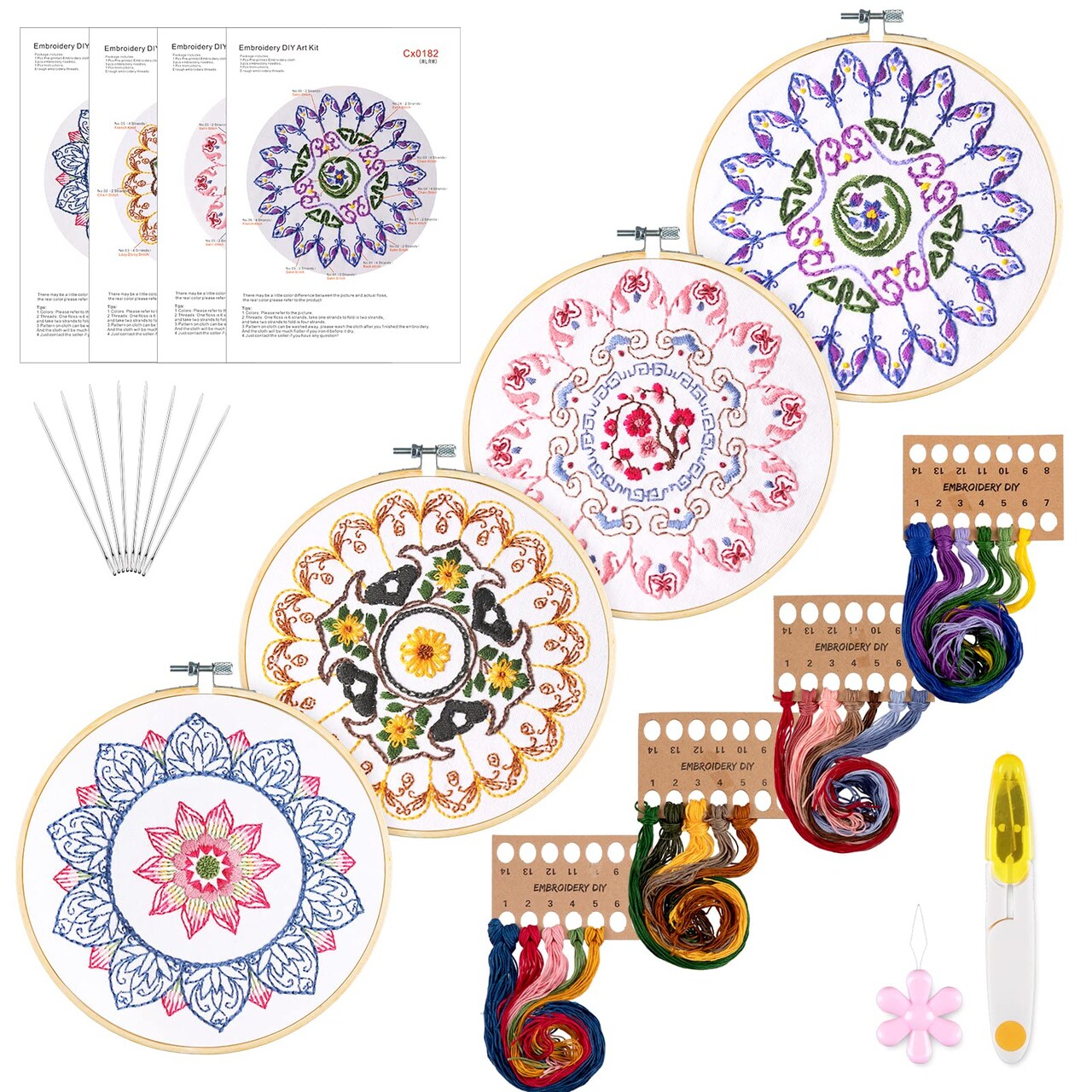 4 Mandala Embroidery Starter Kit with Instruction Plum Blossom Chrysanthemum Orchid Lotus Needlepoint Cross Stitch Kit with Embroidery Hoop Threads Needle Scissors for Beginners DIY Craft